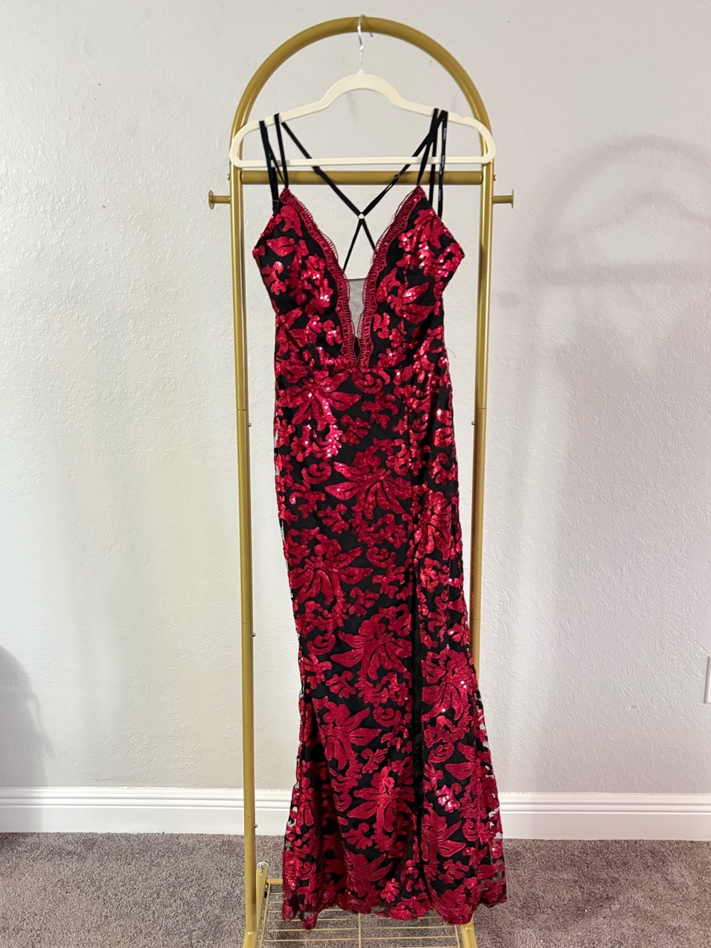 Red Black Sequin Floral Maxi Dress Open Back Formal Evening Party